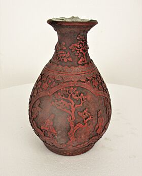 Antique 18th 19th Chinese cinnabar Vase Red Lacquer 11.4" Seal Marked