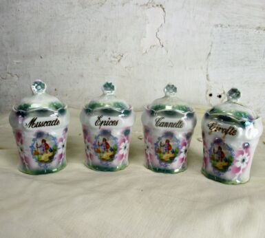 4 French Vintage Antique Porcelain Bisque Canisters Jars Spices Victorian scenes