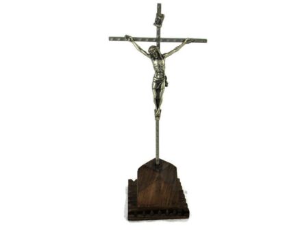 Small Wood Standing Crucifix Spelter on Wooden Base Lovely Vintage