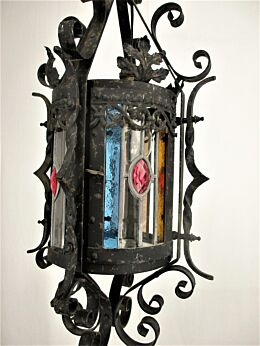 Vintage French Lantern Chandelier Pendant Wrought Iron Leaded Stained Glass HTF