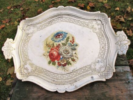 Italian Mid Century Hollywood Regency Florentine White Floral Serving Tray