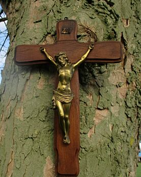 Large Vintage Oak Hanging Crucifix Cross Jesus Christ Brass Corpus 19.68" Lovely