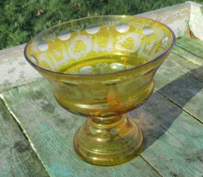 67 Vintage Cut Glass Yellow Bohemian Bowl Vase on Foot Lovely