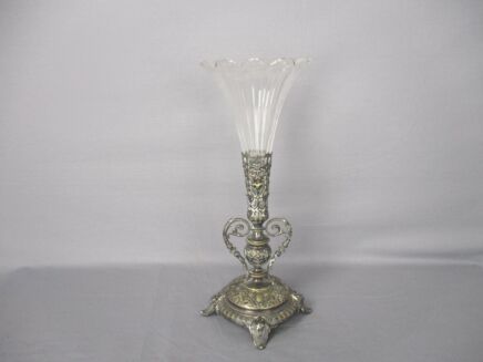 French Large Epergne Trumpet Double Vase Clear Glass Center Table Piece Pique Fleur Antique Silverplated Intaglio Etched Glass