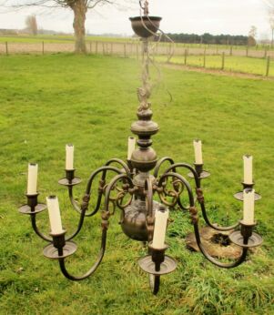 Vintage Ornate Flemish Dutch 8 Arms Chandelier Lights Brass Eagle Fish