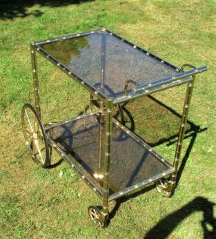 Vintage Mid Century Retro Glass Brass Cocktail Bar Cart Tea Cart Smoke Glass