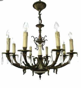 Impressive Chandelier Bronze Marble 8 Lights Arm Ornate Prisms Hollywood Regency