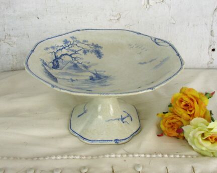 Antique HTF Cake Stand Pedestal Marked Marines Petrus Regout Blue White