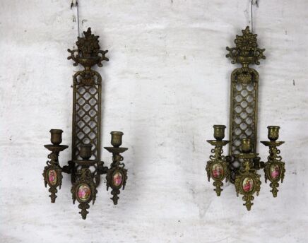 Pair French Brass Wall Sconces Candelabras Victorian era Limoges Sevres 3 arms
