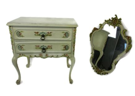 French Provincial White Crackled Chest of Drawers Wood with Mirror Florentine