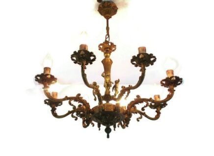 Stunning Chandelier 8 Lights Arm Putti Cherubs Hollywood Regency Ornate Brass