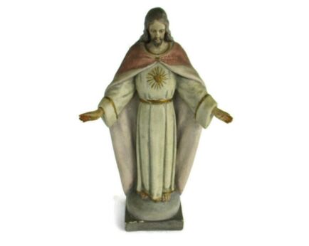 Statue Jesus Christ Savior Open Arms Stoneware Polychrome HTF Collector Vintage