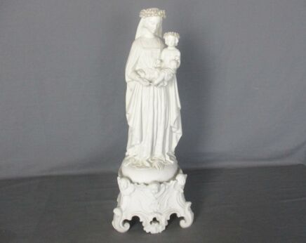 French Antique 1900 Bisque Statue Virgin Mary Our Lady  Madonna Infant Jesus Flower Wreaths Exquisite 16.53" WOW