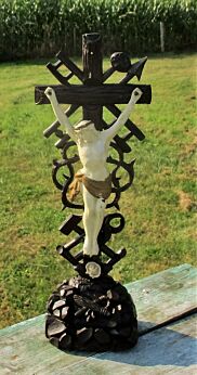 Antique Carved Wood Jesus Christ Cross Table Standing Crucifix Tools of Passion
