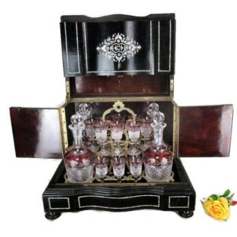 Antique French Tantalus Crystal Set Cave a Liqueur Cabinet Mother of Pearl