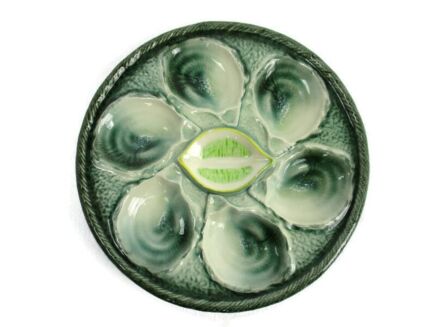 French Oyster Plate Faience Ceramic Majolica Green Glazed Beautiful