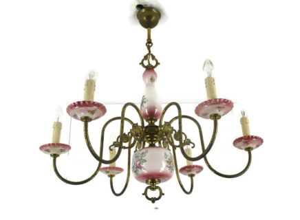 Chandelier 6 arm Lights Italian Porcelain Flowers Ornate Brass Mid Century