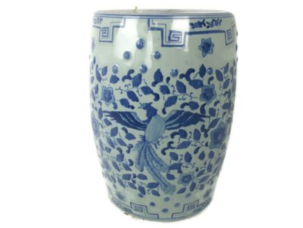 Vintage Chinese Porcelain  Garden Stool Side Table Pedestal White Blue Chinoiserie Hand Painted Celadon Bird of paradise
