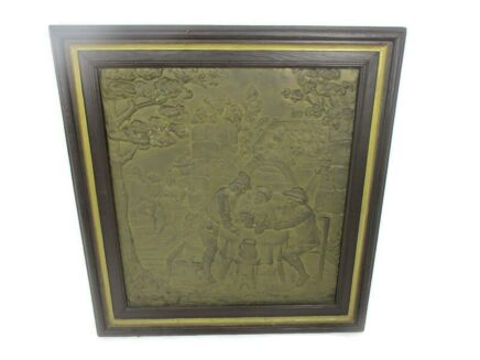 Hammered Copper Framed Wood Ornate Wall Decor Plaque Bas Relief Lovely Breughel Scene