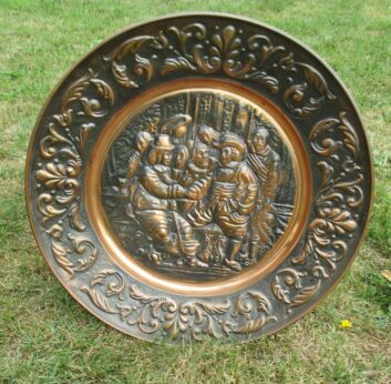 Large Vintage Red Copper Wall Plate Decorative Breughel Scene handmade 23.23"