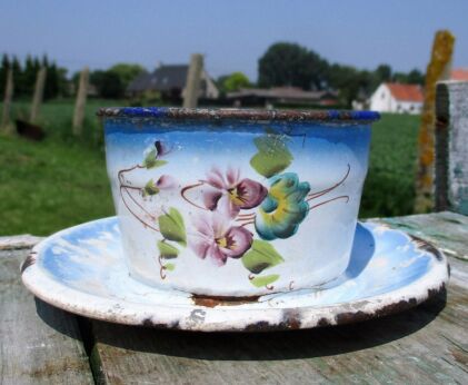 Vintage French Tin Enamel Bowl Finger Saucer Plate Painted Design Romantic