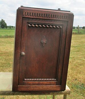 Antique French Dark Carved Wood Medicine Wall Cabinet Apothecary Hobnails