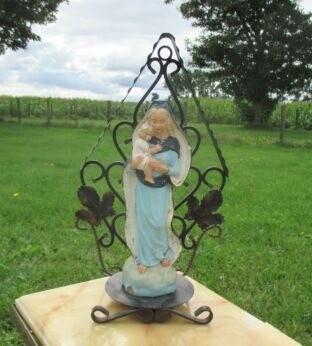 Antique Wrought Iron Small Chapel with Chalk Virgin Mary and Child Guelfi Rare
