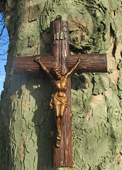 Antique Hand Carved Wood Hanging Crucifix Cross Brass Corpus Christ 20.47"