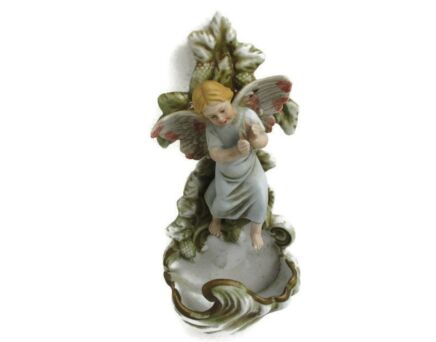 Vintage Holy Water Font Vessel Angel Bisque Porcelain Pastel 8.66"