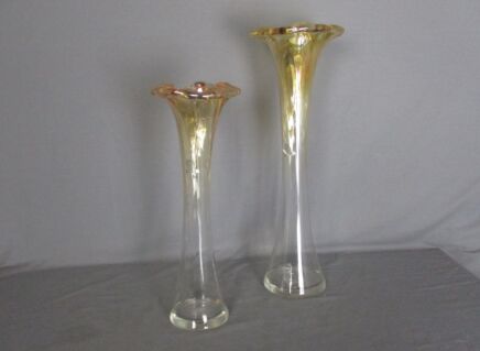 Pair of Vases Handblown French Fait a la Main Eglomise Iridescent Amber Gold Gorgeous Vintage
