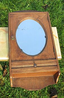 Antique Medicine Bathroom Wall Cabinet Glass Oval Mirror Wood Drawer Apothecary
