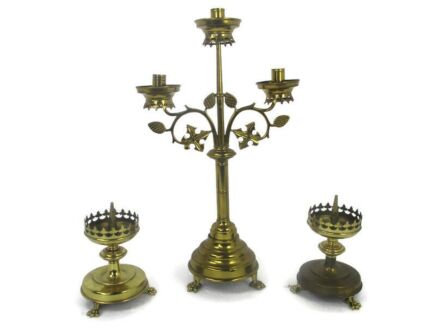 Impressive  Set  of 3 Candle Holders  with two  Small Candle sticks one large   Ornate Embossed Brass WOW Hollywood Regency Leafs Stunning