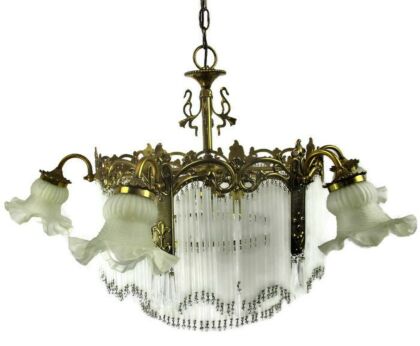 Bohemian Spanish Revival Chandelier straw Prisms 7 Lights Ornate Brass Modernist
