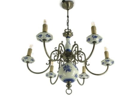 Delft Style Blue White Porcelain Ornate Brass Chandelier Dutch 6 Arm Lights
