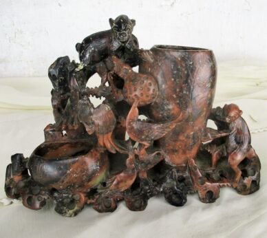 Soapstone Sculpture Figurine Asian Vase Monkey Birds Brown Carving