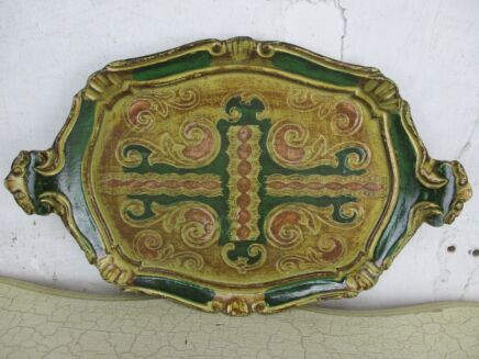 S Mid Century Hollywood Regency Florentine Serving Tray Wood Green Pink Italian