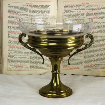 Vintage Brass Communion dish Bowl Ciborium Tray Etched Glass Catholic Church