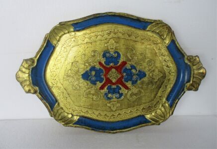 Mid Century Hollywood Regency Florentine Serving Tray Beautiful Blue Gold Wood