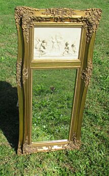 Large Vintage Beveled Glass Mirror Carved Wood Resine Ornate Angels Playing