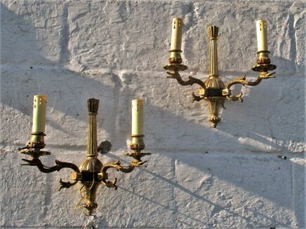 Pair French Empire Hollywood Regency Ducks Ornate Brass Double Wall Sconces