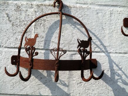antique French Wall Hanging Butcher Rack Cast Wrought Iron 5 Hooks Ducks Rustic