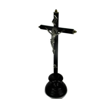 Antique Dark Carved wood Table Standing Crucifix Round Base Spelter Corpus