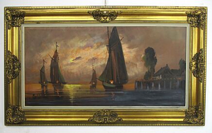 Oil Painting Canvas Gorgeous Wooden Frame Marina Harbour View Signed Mollin