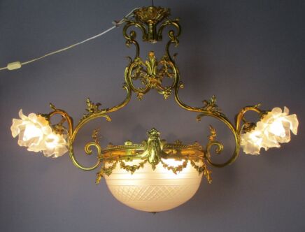 French Chandelier Bronze Doré 6 lights Lamps Art Glass Flower Shades Gorgeous