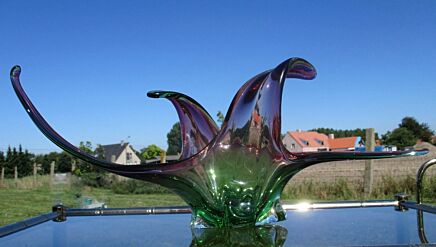 Large Murano Somerso Centerpiece Bowl Hand Blown Fruit Dish Cranberry Green