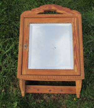 Antique French Carved Wood Medicine Wall Cabinet Beveled Glass mirror Hooks