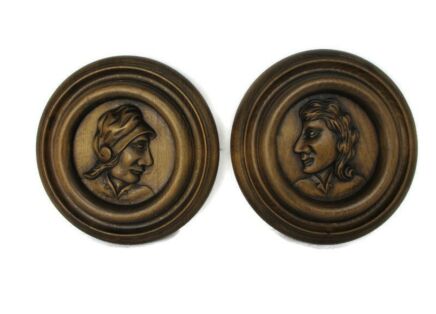 Hand Carved Wooden Wall Hangings Sculptures Breughel Style Man Woman Face Folk Art