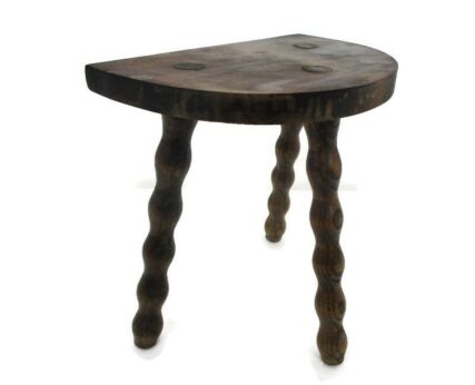 Vintage Hand Carved wood Half Moon Tripod Milking Stool Pedestal Table Farmhouse Barn Country Style Funky