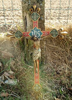 Antique French Wood Hanging Crucifix Altar Fleur de Lis Polychrome 19th Century