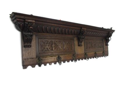 Stunning Gothic Ornate Hand Carved Wood Coat Kitchen hat Rack Lion Heads Rings XL 61.02"